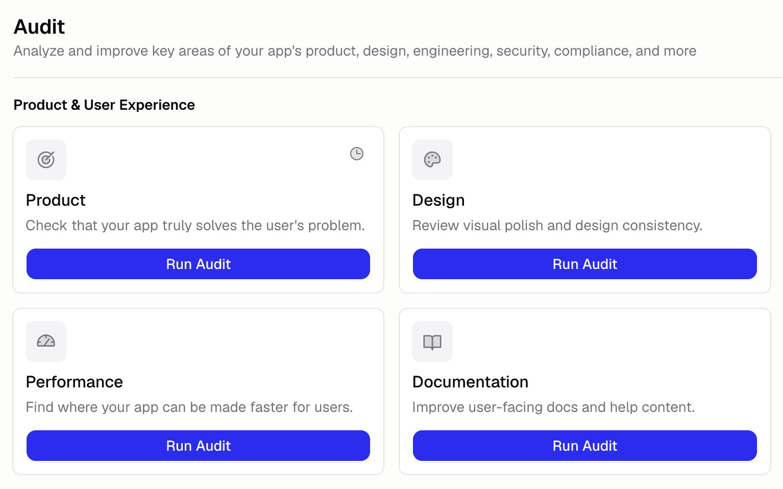 Audit screen showing Product, Design, Performance, and Documentation cards, each with a Run Audit button