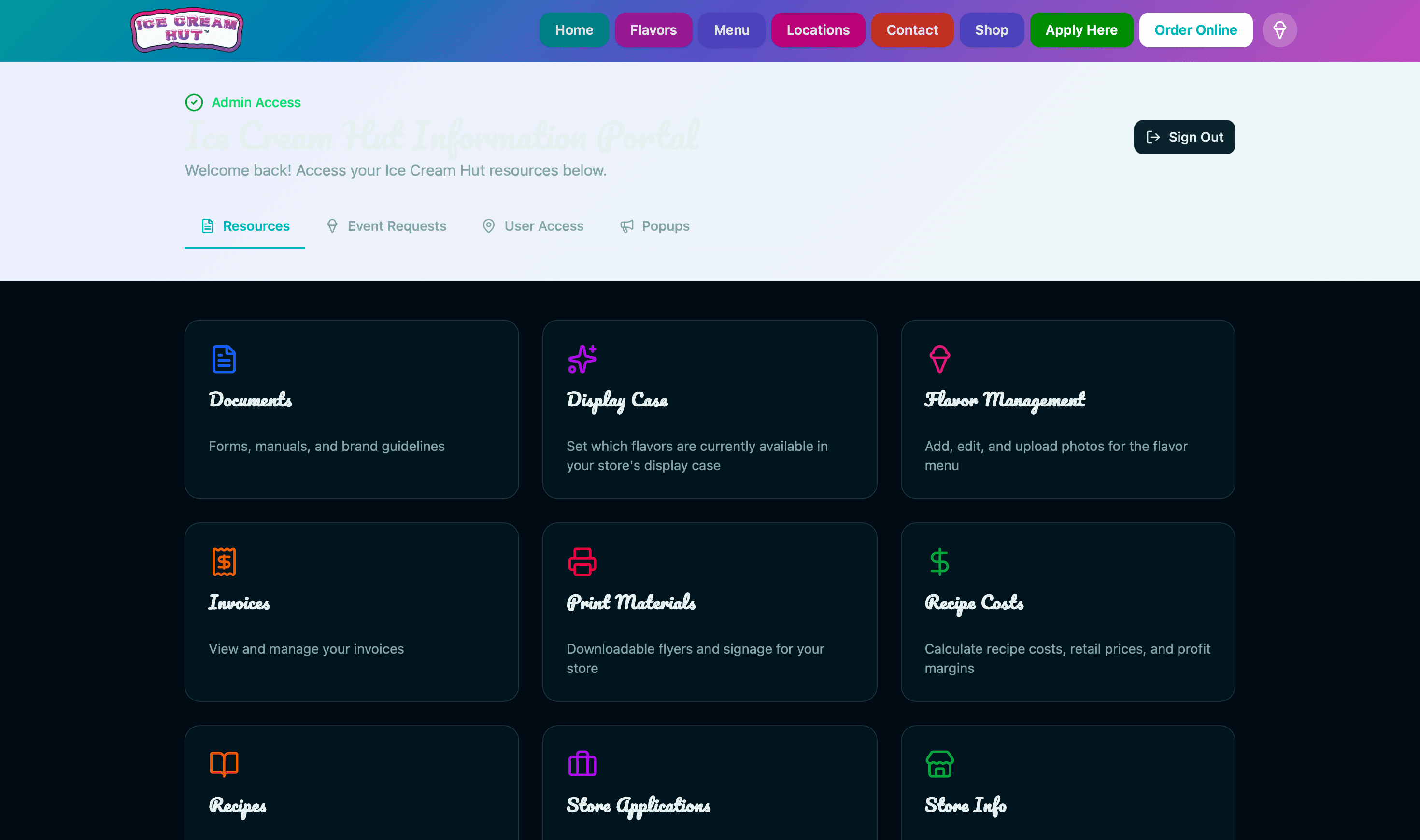 The Ice Cream Hut admin portal built on Hercules, with modules for documents, the display case, flavor management, invoices, print materials, recipe costs, recipes, store applications, and store info