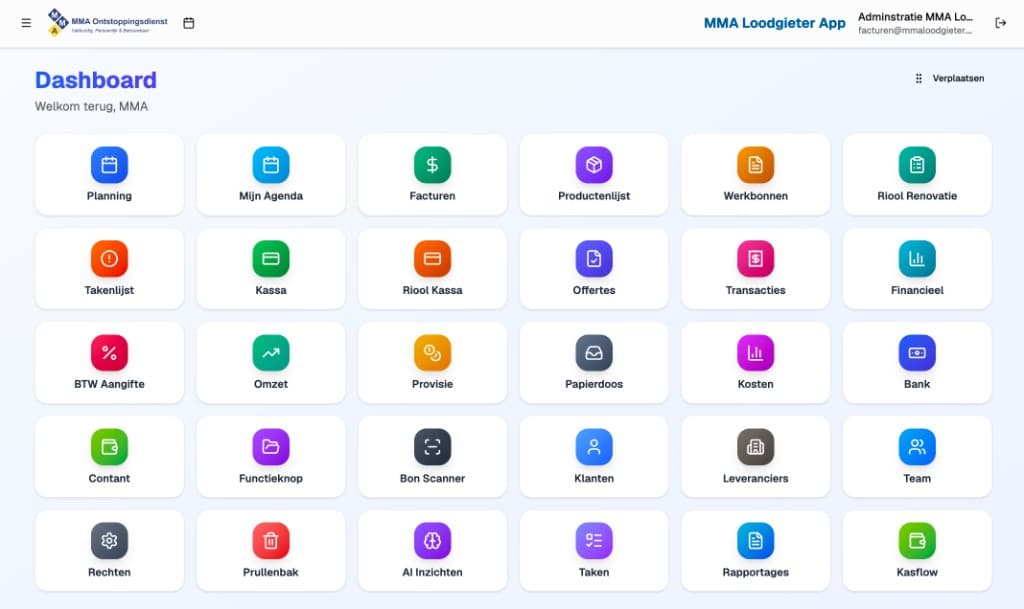 The MMA Loodgieter App dashboard built on Hercules, showing modules for planning, invoicing, accounting, point-of-sale, client management, and more