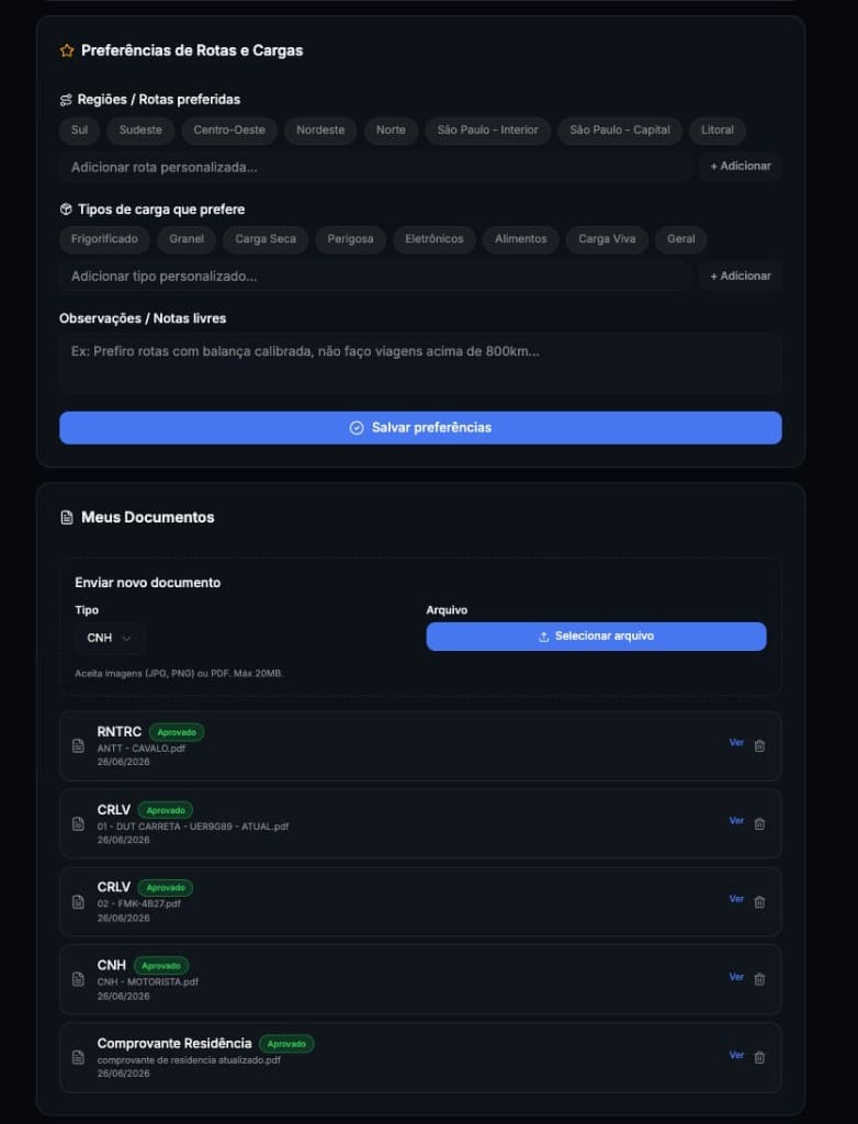 A driver's document and route preferences in the Petony portal, with uploaded RNTRC, CRLV, CNH, and proof of residence documents marked as approved