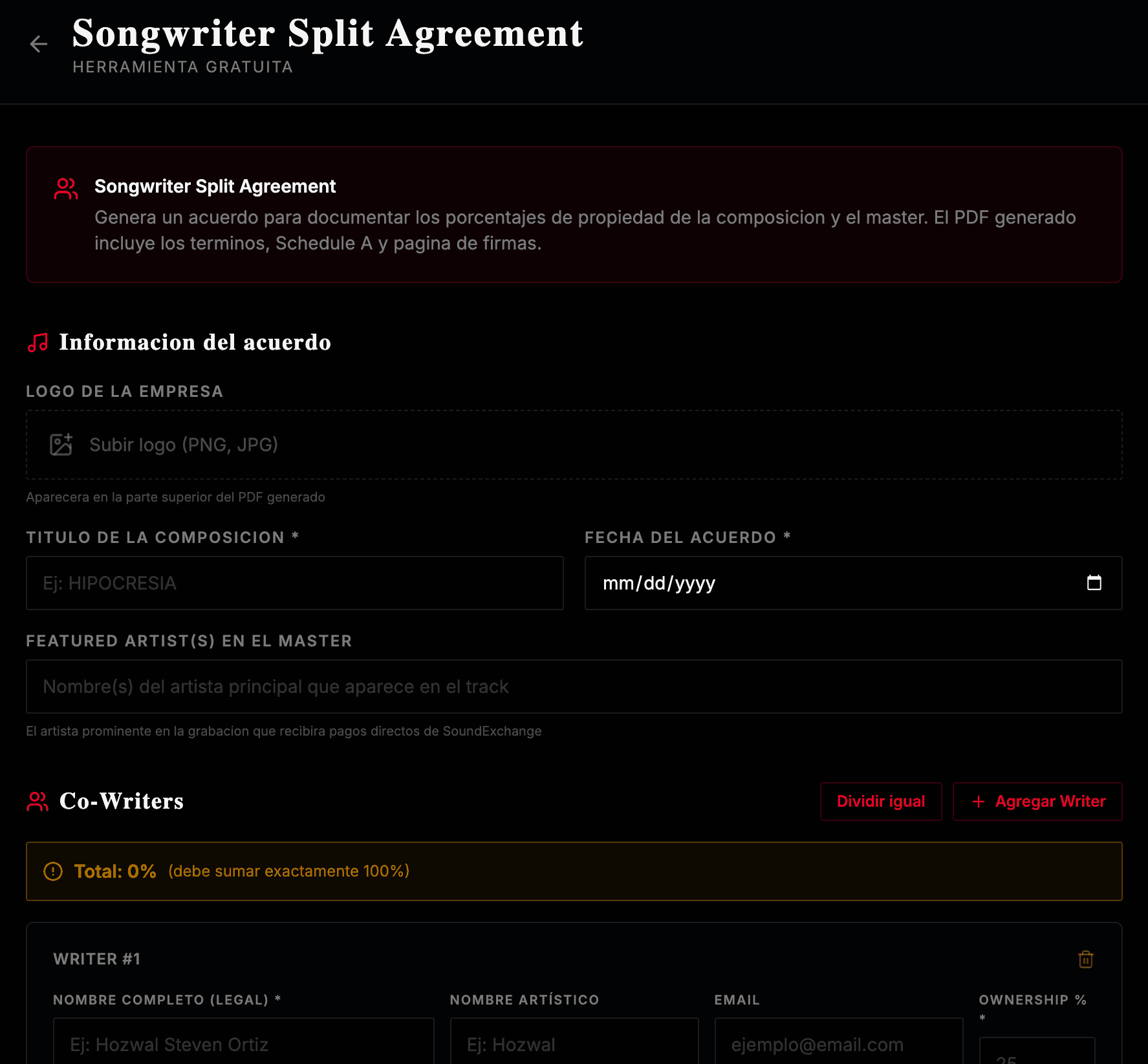 The songwriter split-sheet generator David built on Hercules, where he sets each co-writer's ownership percentage and it outputs a finished PDF agreement