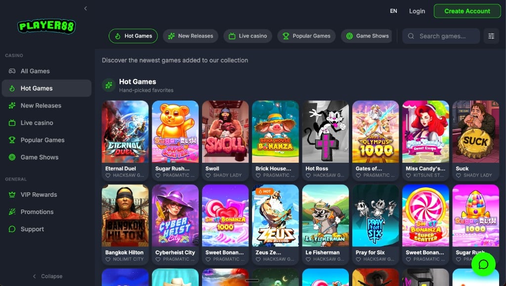 The Player88 online casino lobby built on Hercules, showing a grid of hundreds of live slot and casino games