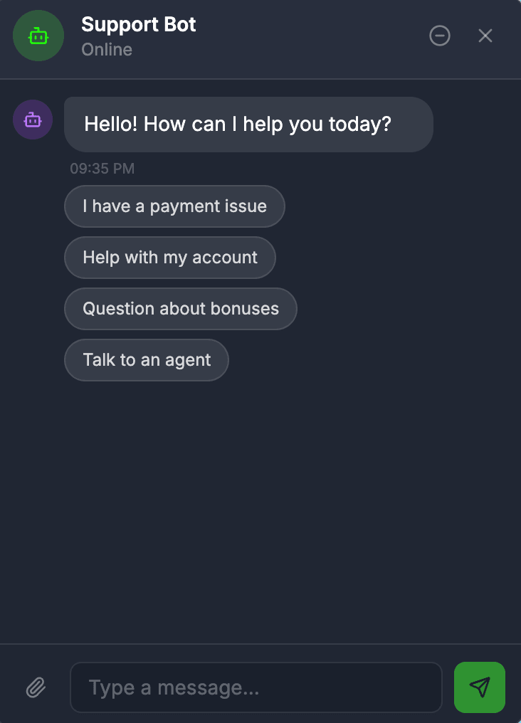 ATOM Technology's AI support bot handling first-line customer questions about payments, accounts, and bonuses
