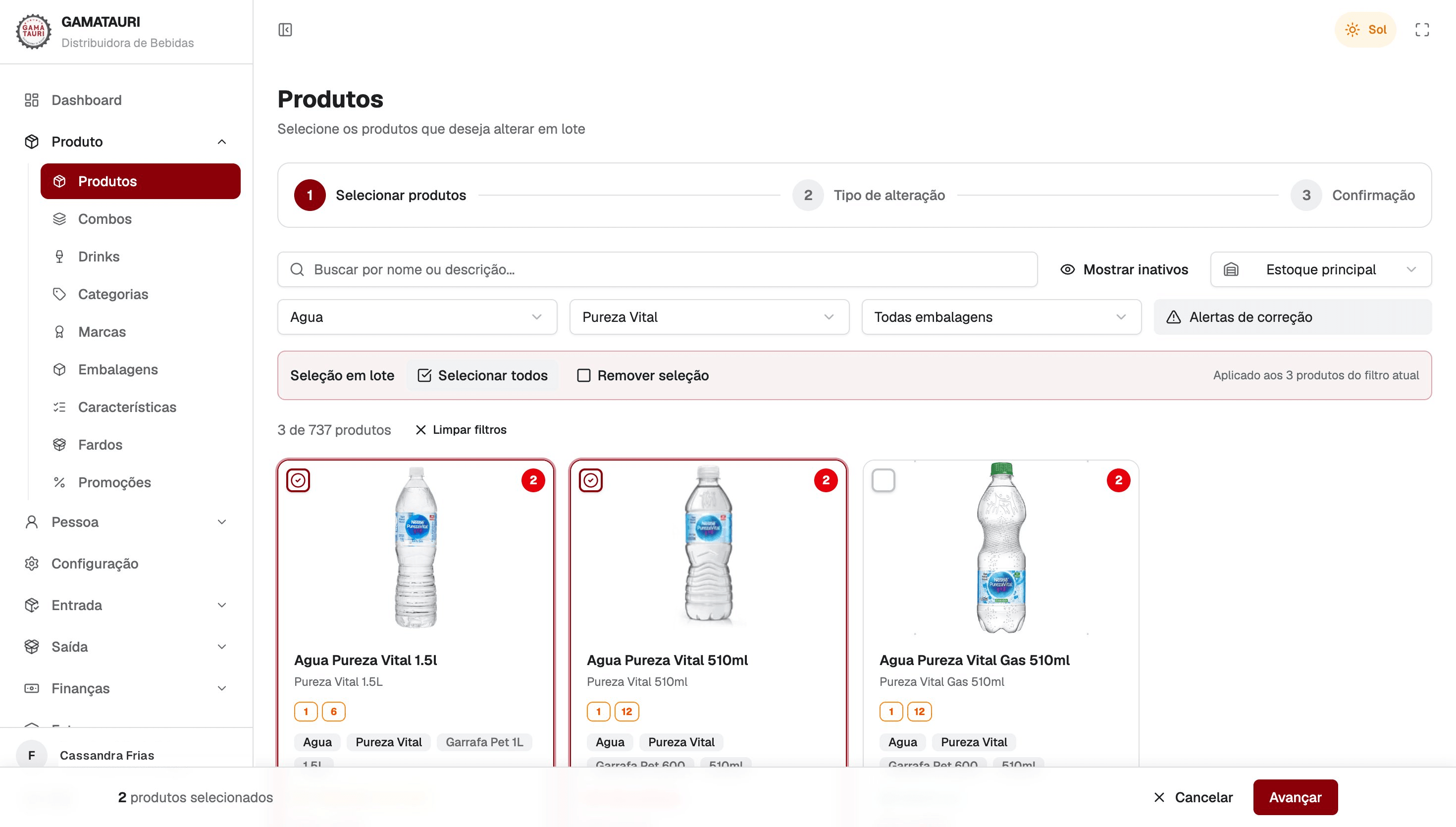The Gamatauri ERP's bulk product-pricing screen, showing bottled water products with their prices and packaging