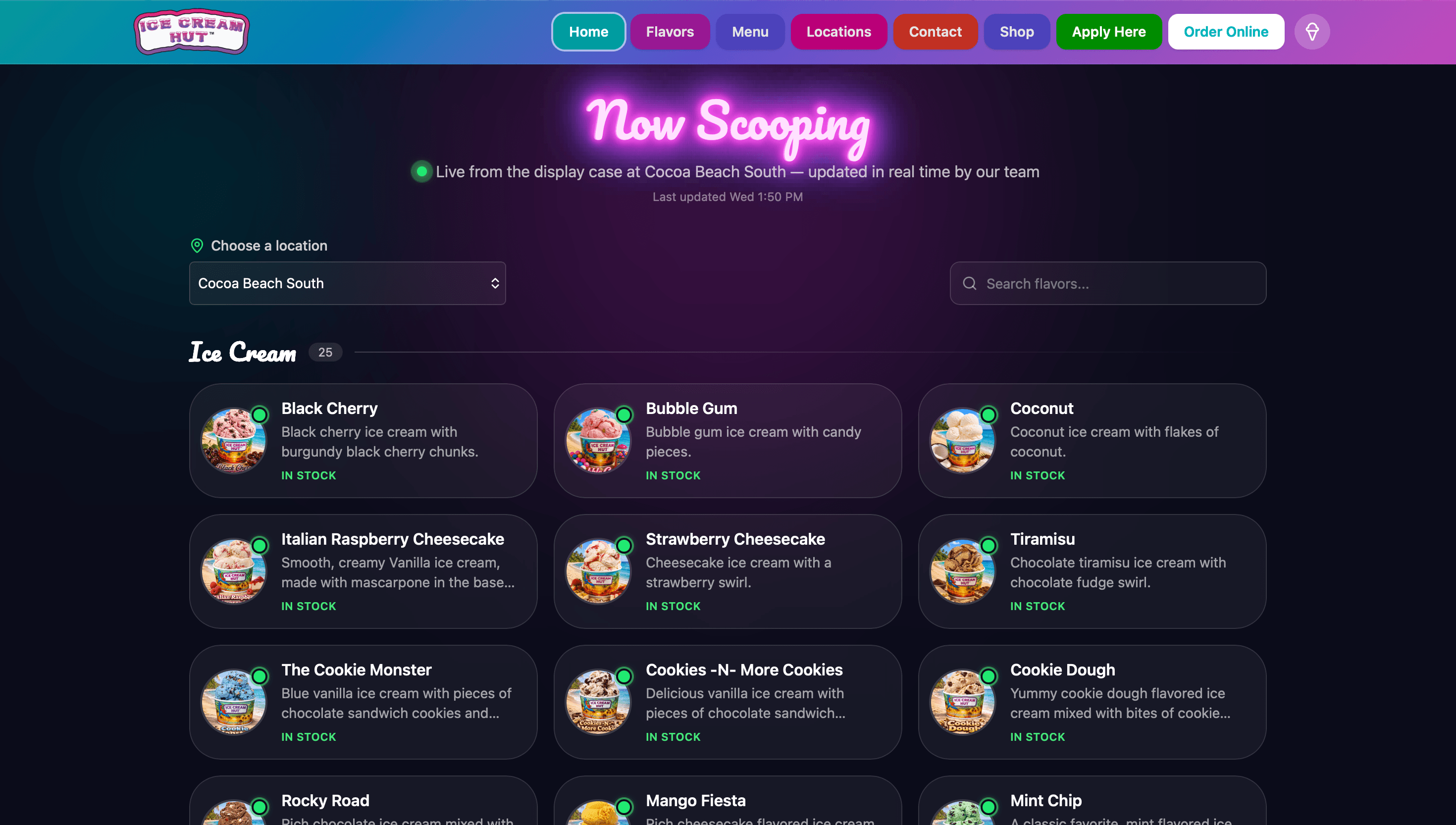 The Now Scooping page built on Hercules, showing the live flavor lineup customers see for a store, with each flavor marked in stock and updated in real time