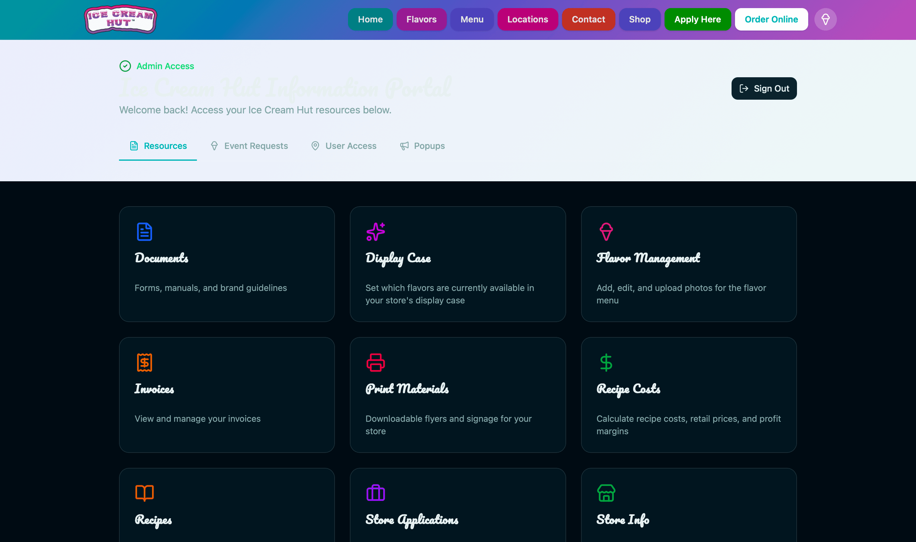 The Ice Cream Hut admin portal built on Hercules, with modules for documents, the display case, flavor management, invoices, print materials, recipe costs, recipes, store applications, and store info