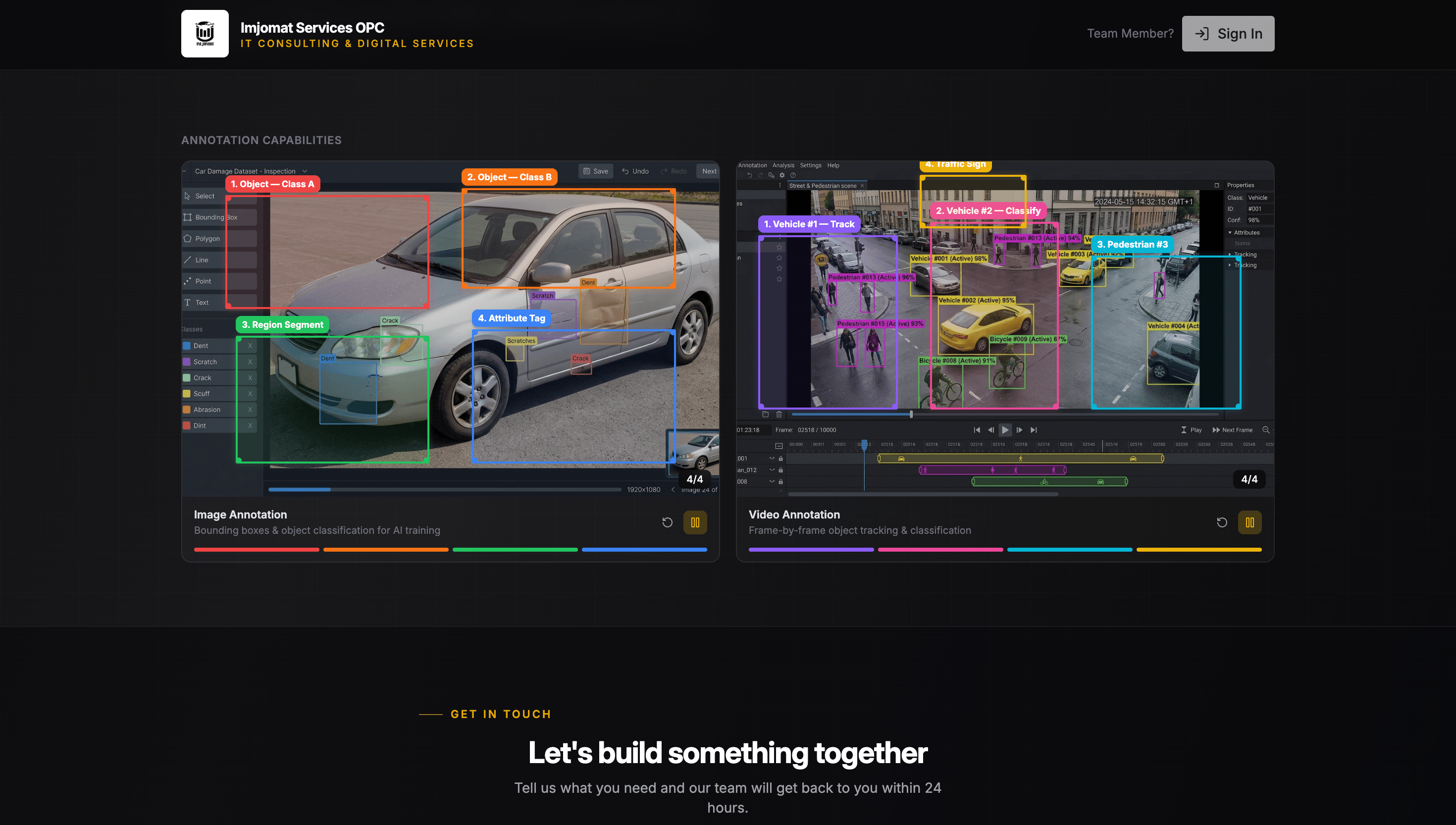 The marketing website Sarah built on Hercules, showing Imjomat's image and video annotation capabilities for training AI models