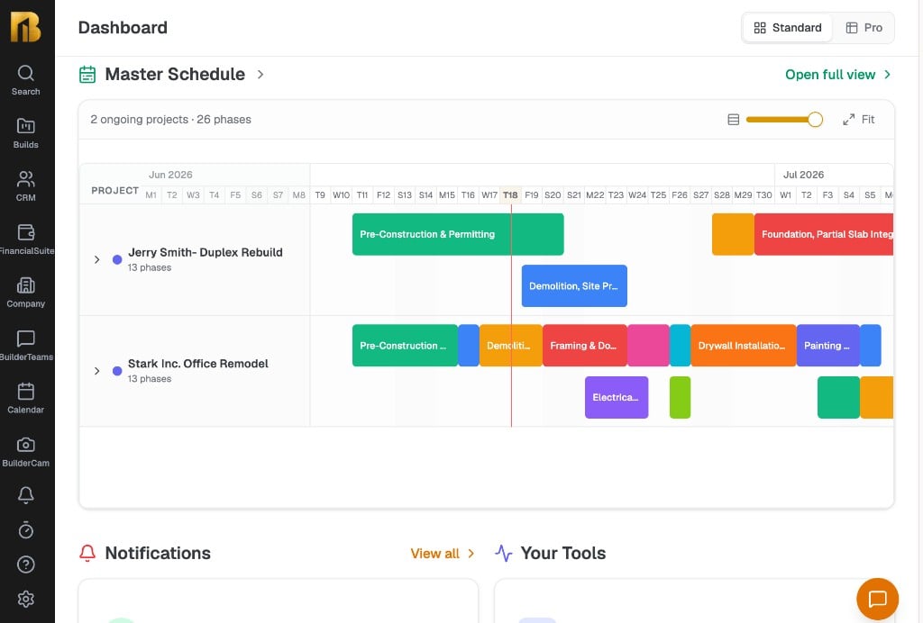 The BuilderSuite dashboard built on Hercules, showing the master schedule across active projects alongside CRM, financials, company, and BuilderCam modules