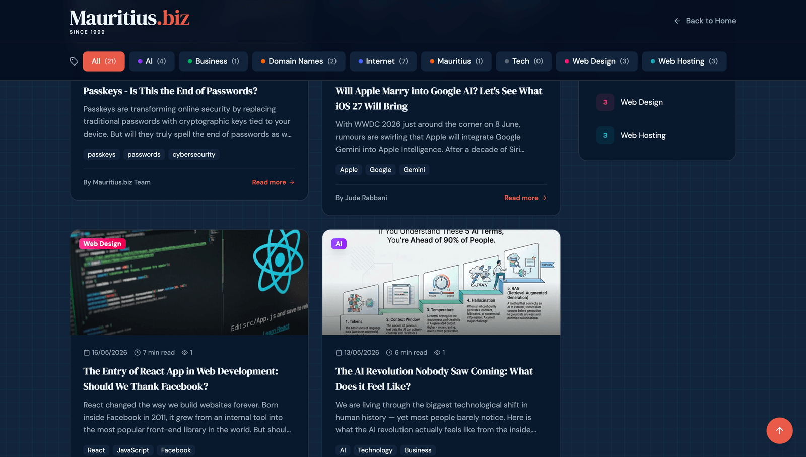 The Mauritius.biz blog built on Hercules, with 21 articles across categories like Web Hosting, Domain Names, and AI that grew its search traffic