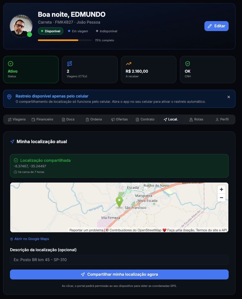 A driver sharing live GPS location on a map in the Petony portal so the team can track a load in transit