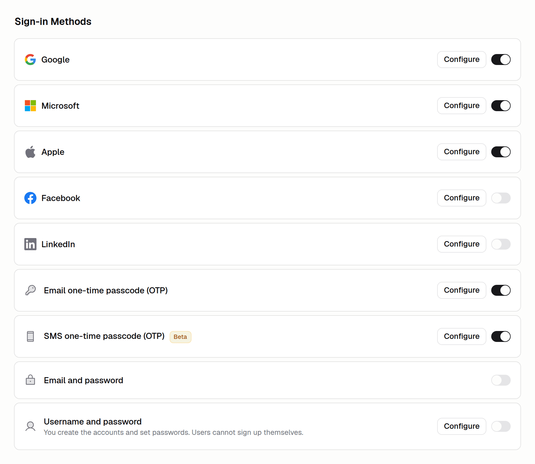 Sign-in Methods list with the SMS one-time passcode toggle turned
on