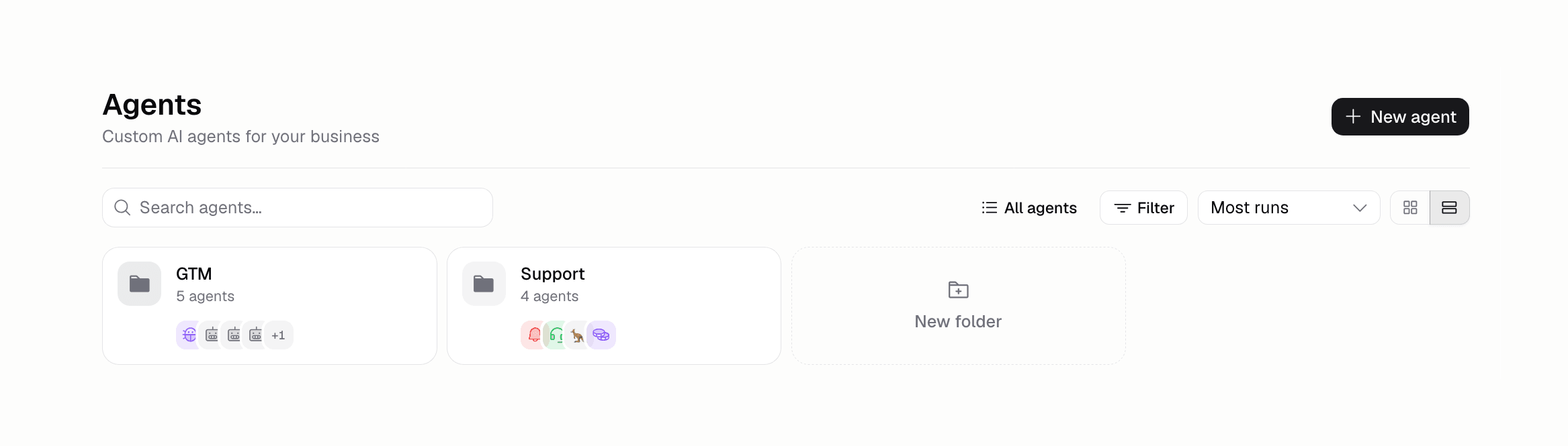 The Agents page with folders named GTM and Support, holding five and four
Agents