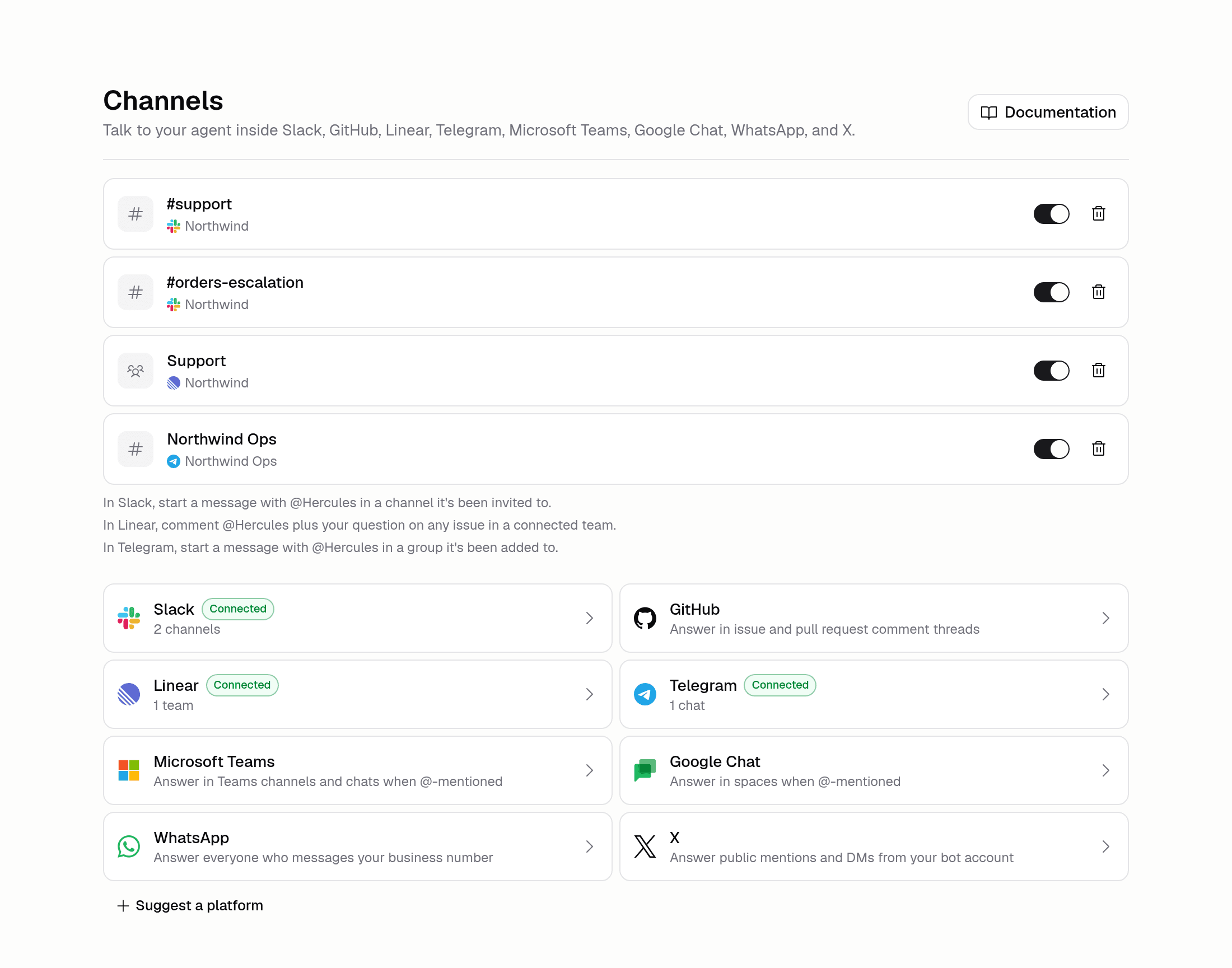 Agent Channels page showing Slack, Linear, and Telegram connected, beside the other platforms an
Agent can answer in