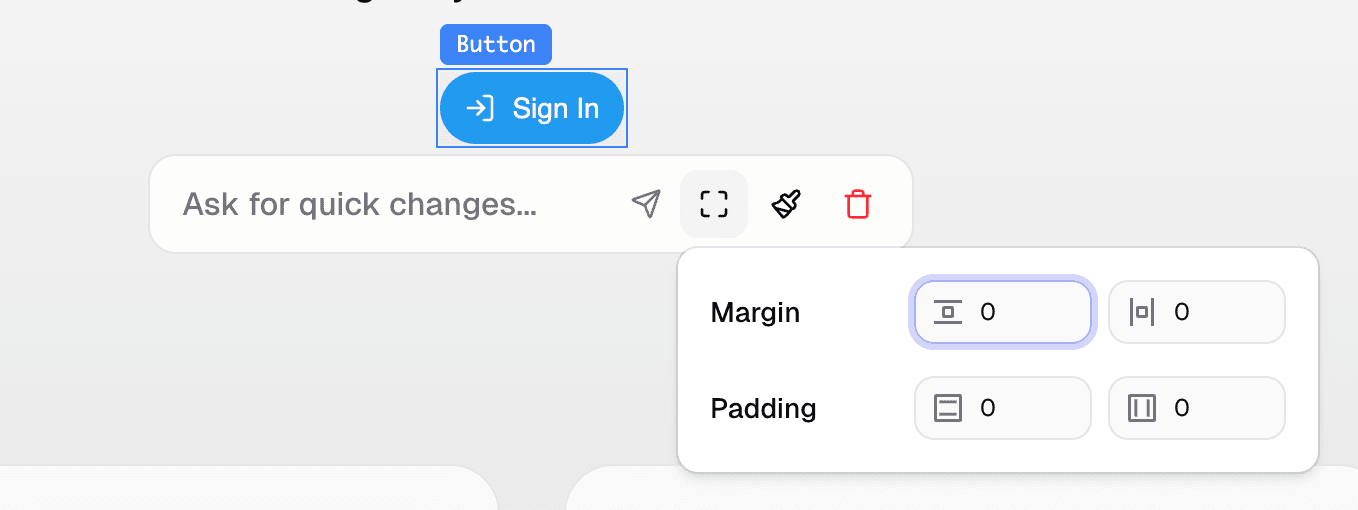 Visual Edit layout panel showing margin and padding controls on a selected
button