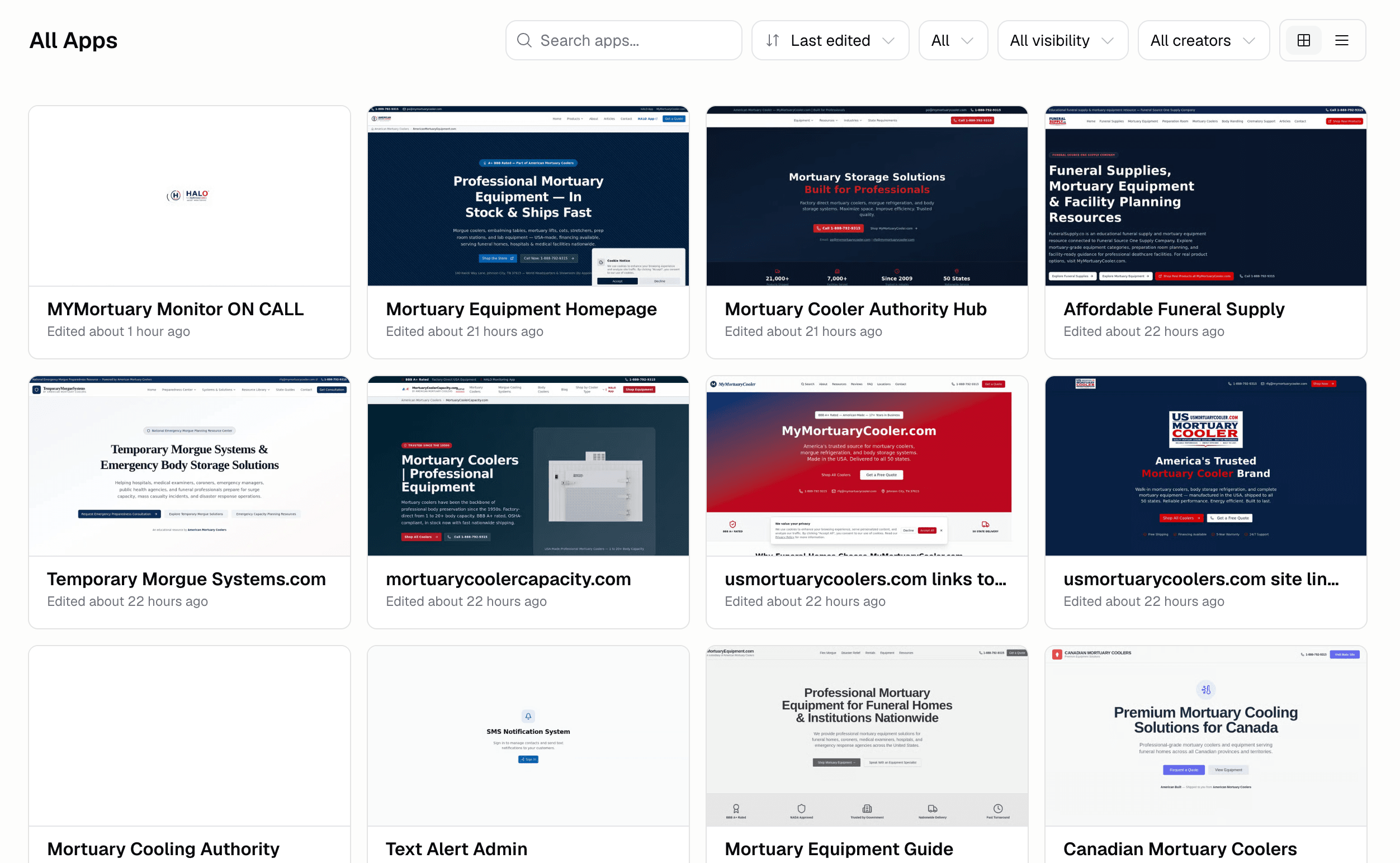 TR's Hercules dashboard showing a grid of the death-care websites he built, including a mortuary equipment homepage, a mortuary cooler authority hub, a funeral supply site, and Canadian mortuary coolers