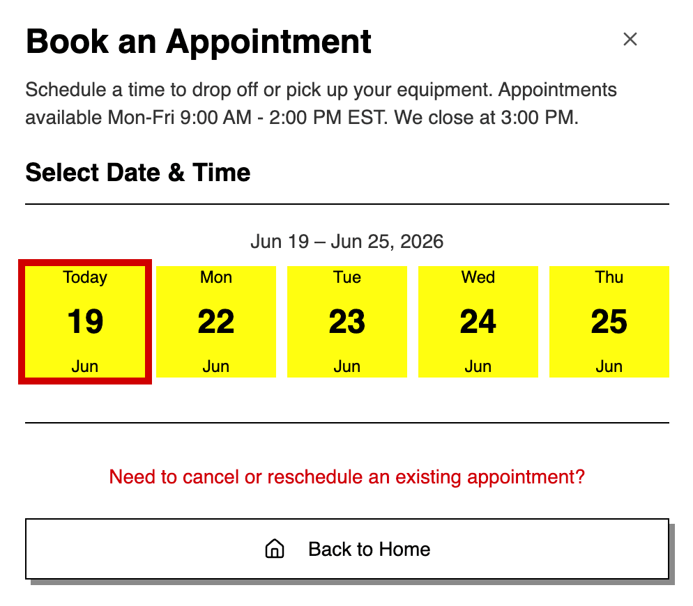 The online appointment booking flow Donnie built on Hercules, where customers self-schedule a drop-off or pick-up time
