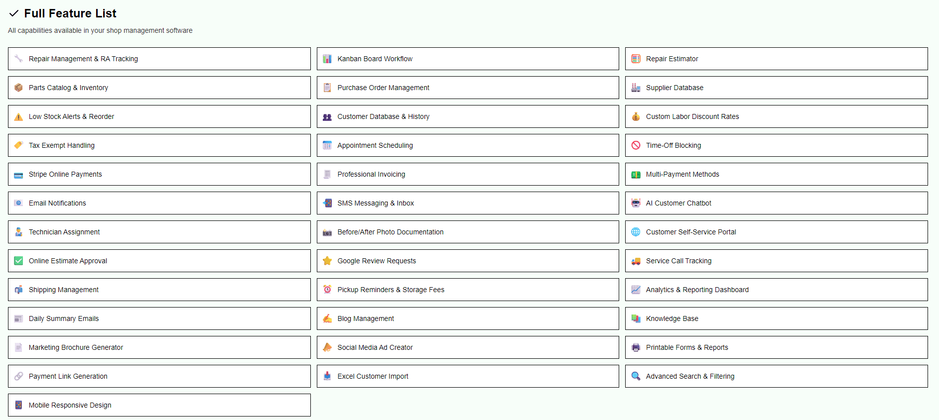 The full feature list inside the shop management app Donnie built on Hercules, covering repair tracking, inventory, invoicing, payments, scheduling, and technician dispatch