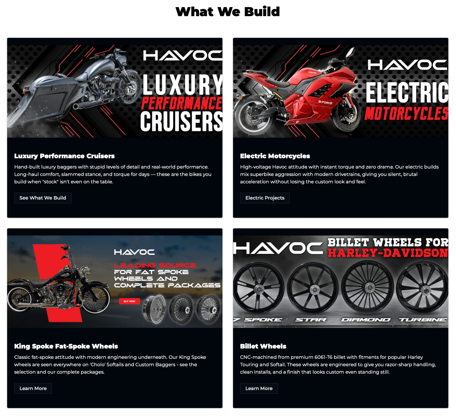 The What We Build section of the Havoc Motorcycles storefront built on Hercules, with product cards for Luxury Performance Cruisers, Electric Motorcycles, King Spoke fat-spoke wheels, and billet wheels for Harley-Davidson
