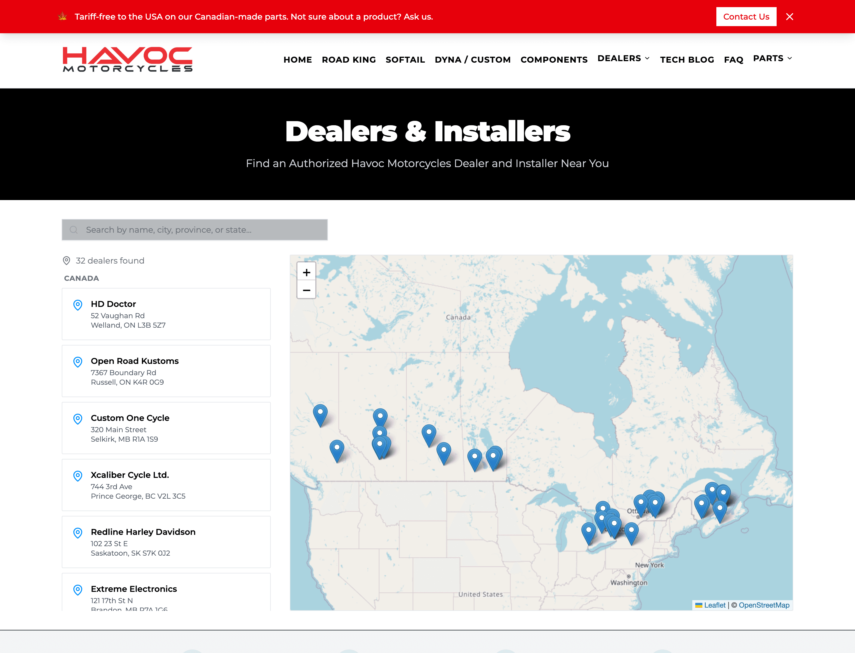 The dealer locator Jarrod built on Hercules, showing a searchable map of Havoc's 32 dealers across Canada alongside the dealer list