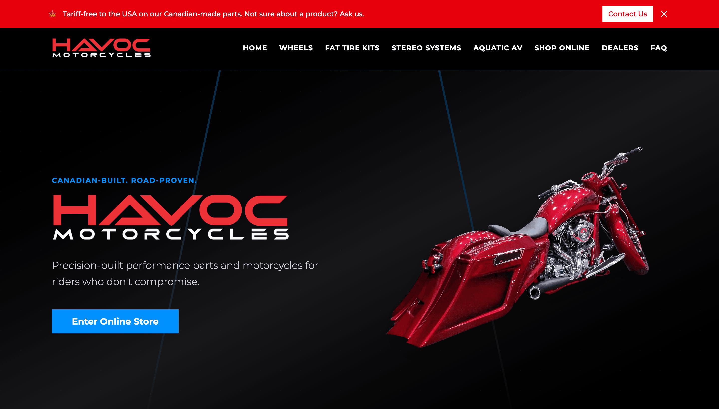 The Havoc Motorcycles storefront homepage built on Hercules, with navigation for wheels, fat-tire kits, stereo systems, Aquatic AV, and dealers