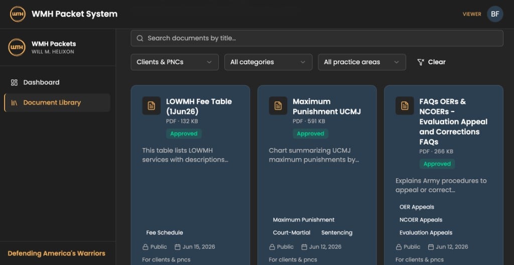 The document library of the WMH Packet System, an app Will built to catalog materials, draft with AI, and assemble client packets