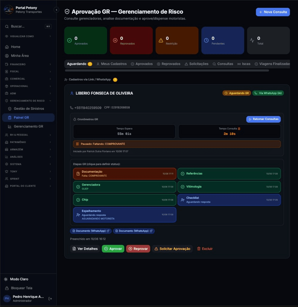 The risk management approval panel in the Petony portal built on Hercules, where the team reviews driver documentation, runs compliance checks, and approves or rejects drivers