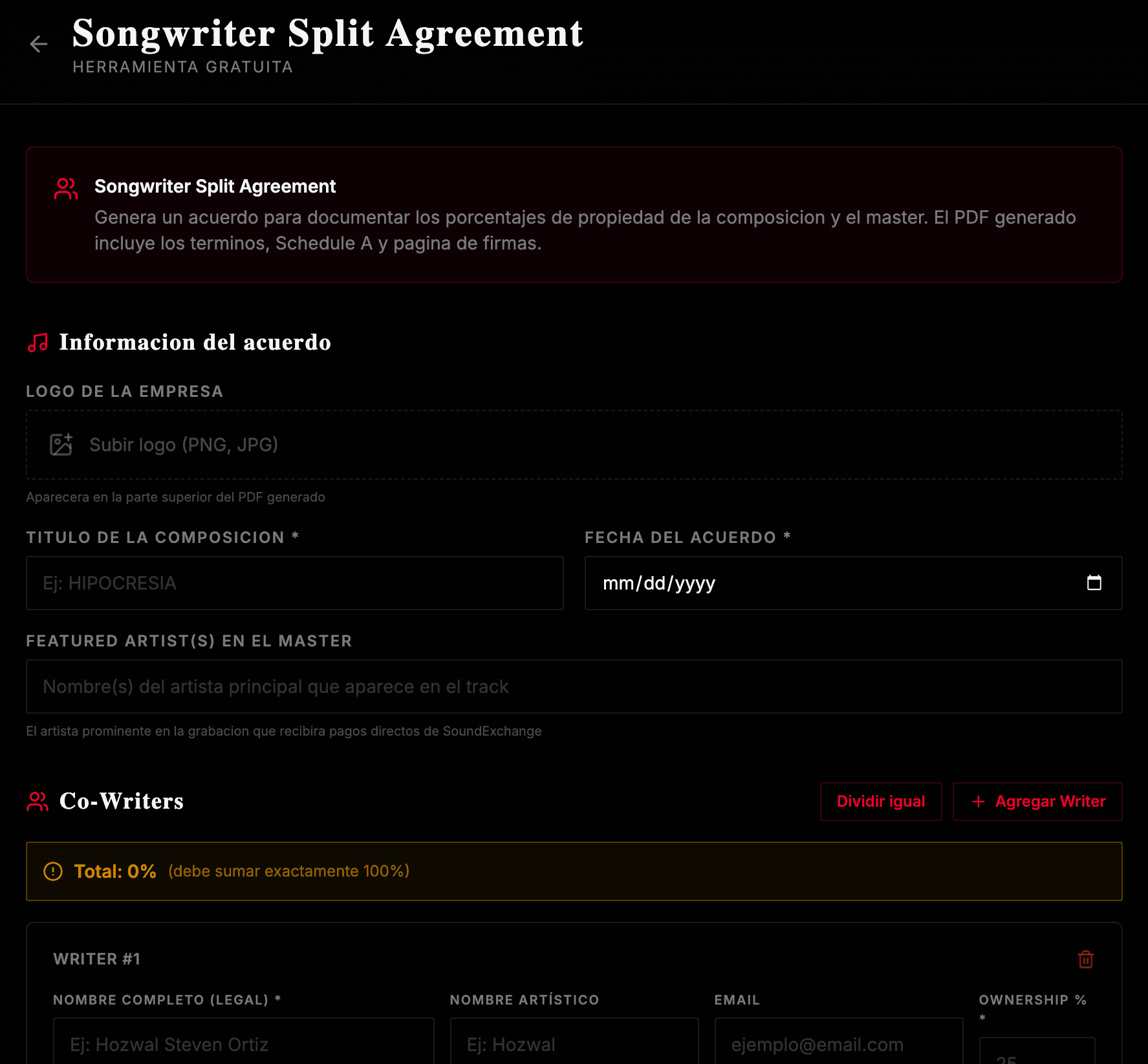 The songwriter split-sheet generator David built on Hercules, where he sets each co-writer's ownership percentage and it outputs a finished PDF agreement