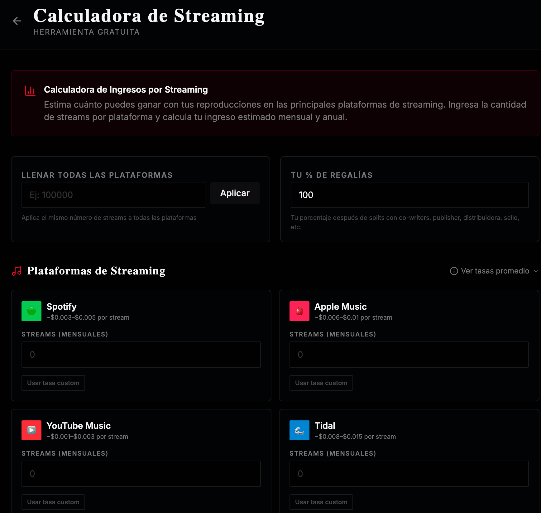 The streaming-royalty calculator David built on Hercules, estimating monthly and annual income across Spotify, Apple Music, YouTube Music, and Tidal