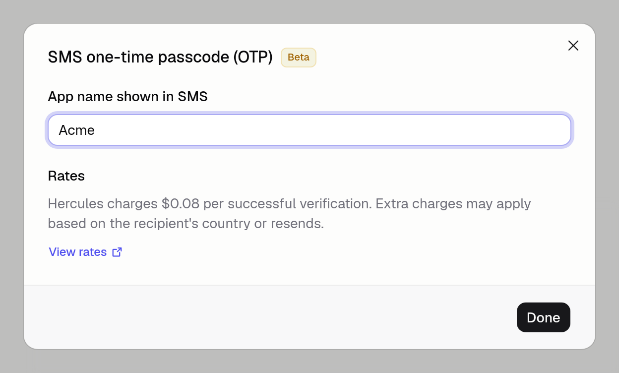 SMS one-time passcode dialog with an app name field, the per-verification rate, and a View rates link