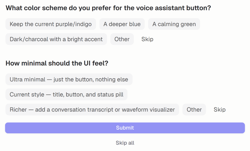 Agent clarifying question with multiple choice buttons inline in the chat