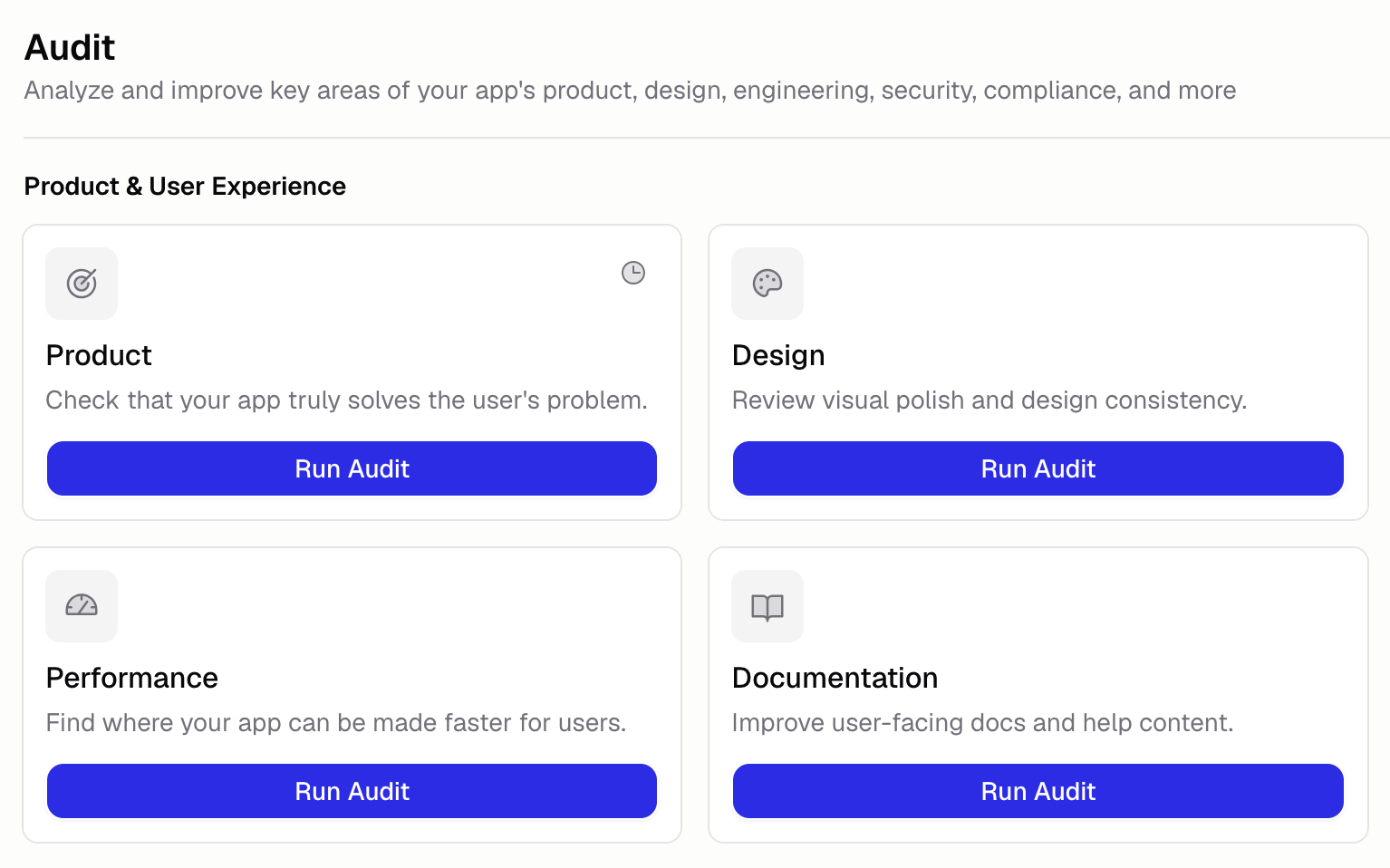 Audit screen showing Product, Design, Performance, and Documentation cards, each with a Run Audit button