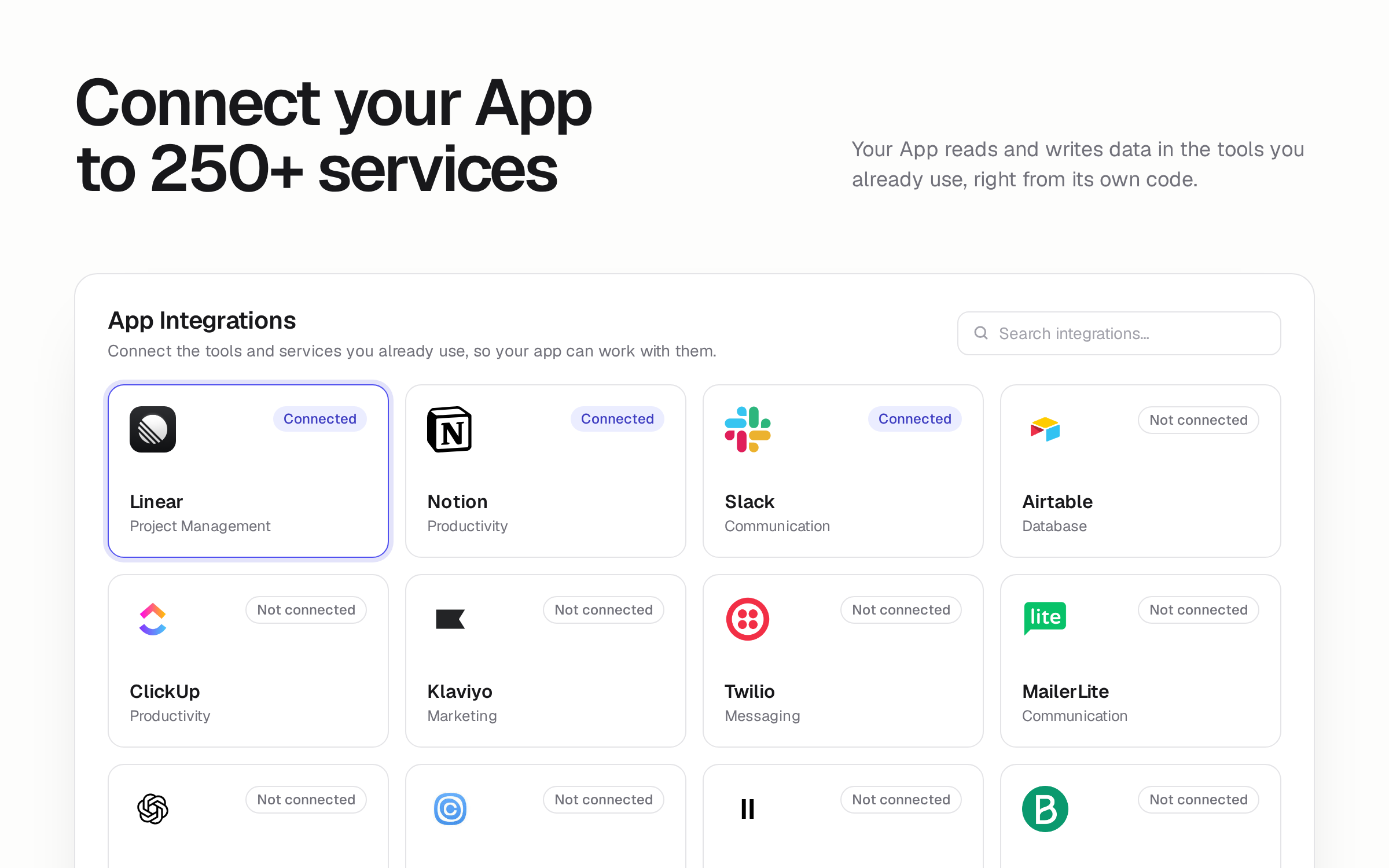 App Integrations grid with Linear, Notion, and Slack marked Connected and more integrations running off the page