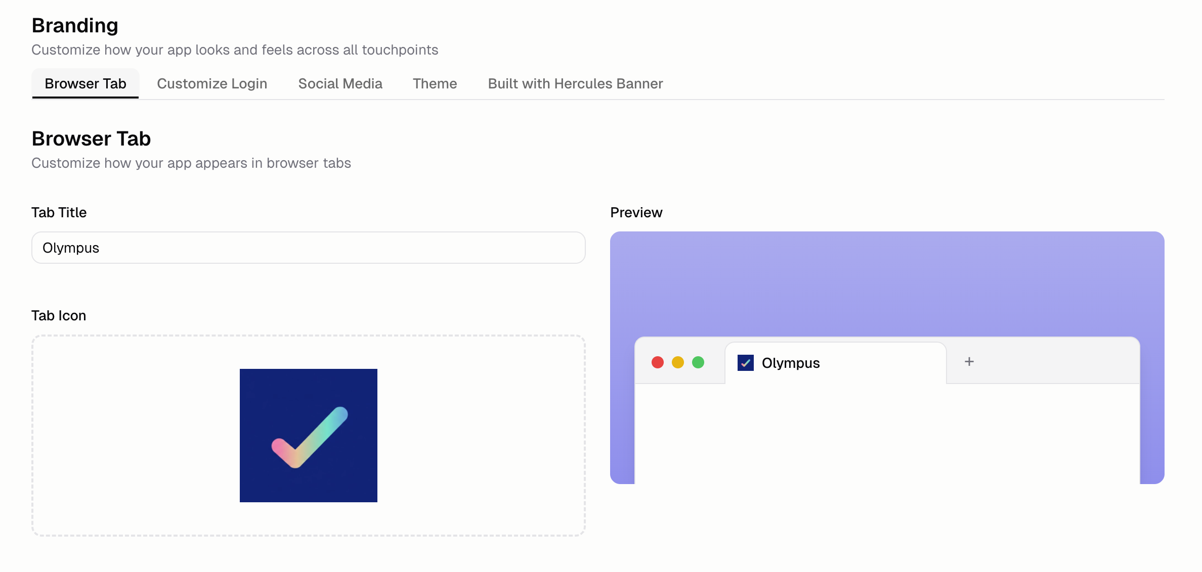 Branding tab in the App Builder with sections for browser tab, social previews, auth portal, theme, and badge