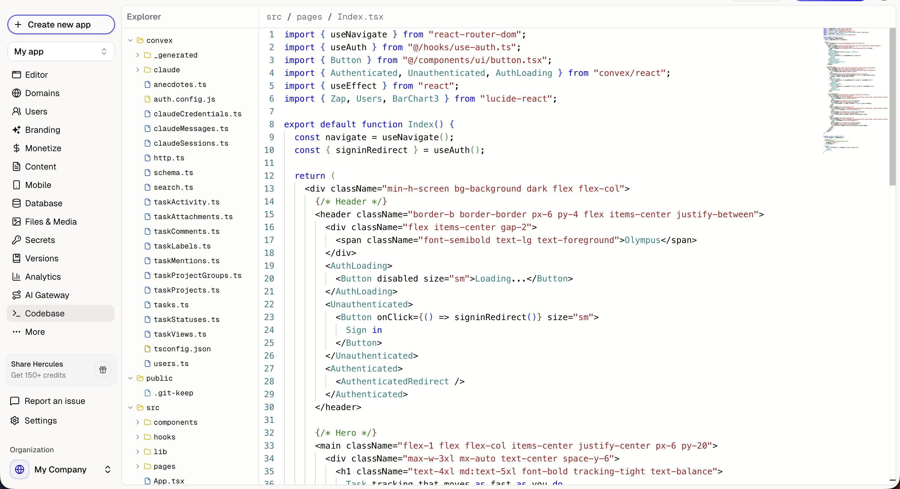 Codebase tab in the App Builder with a file tree on the left and a code editor showing source code on the right
