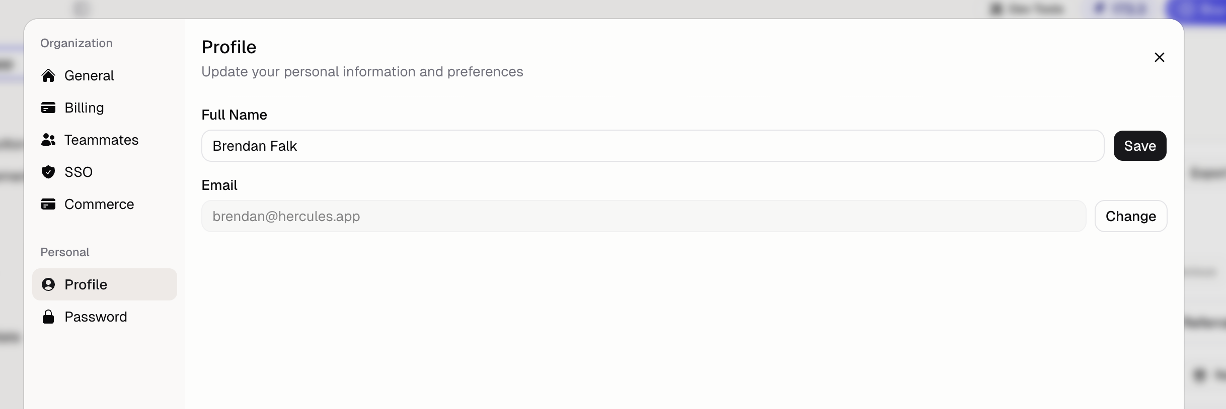 Profile settings panel with editable Name and Email fields for the Hercules user account
