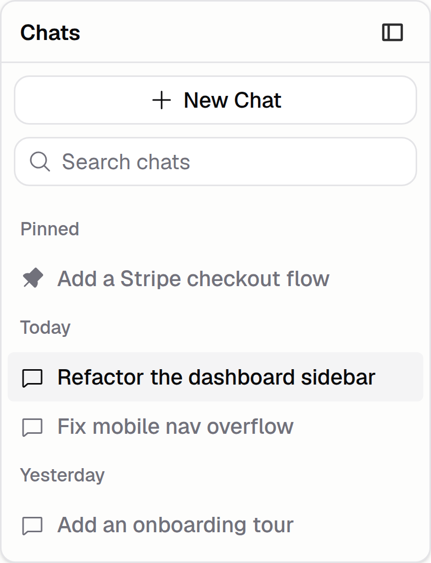 Chats sidebar with a New Chat button, search field, and Pinned and Today thread groupings