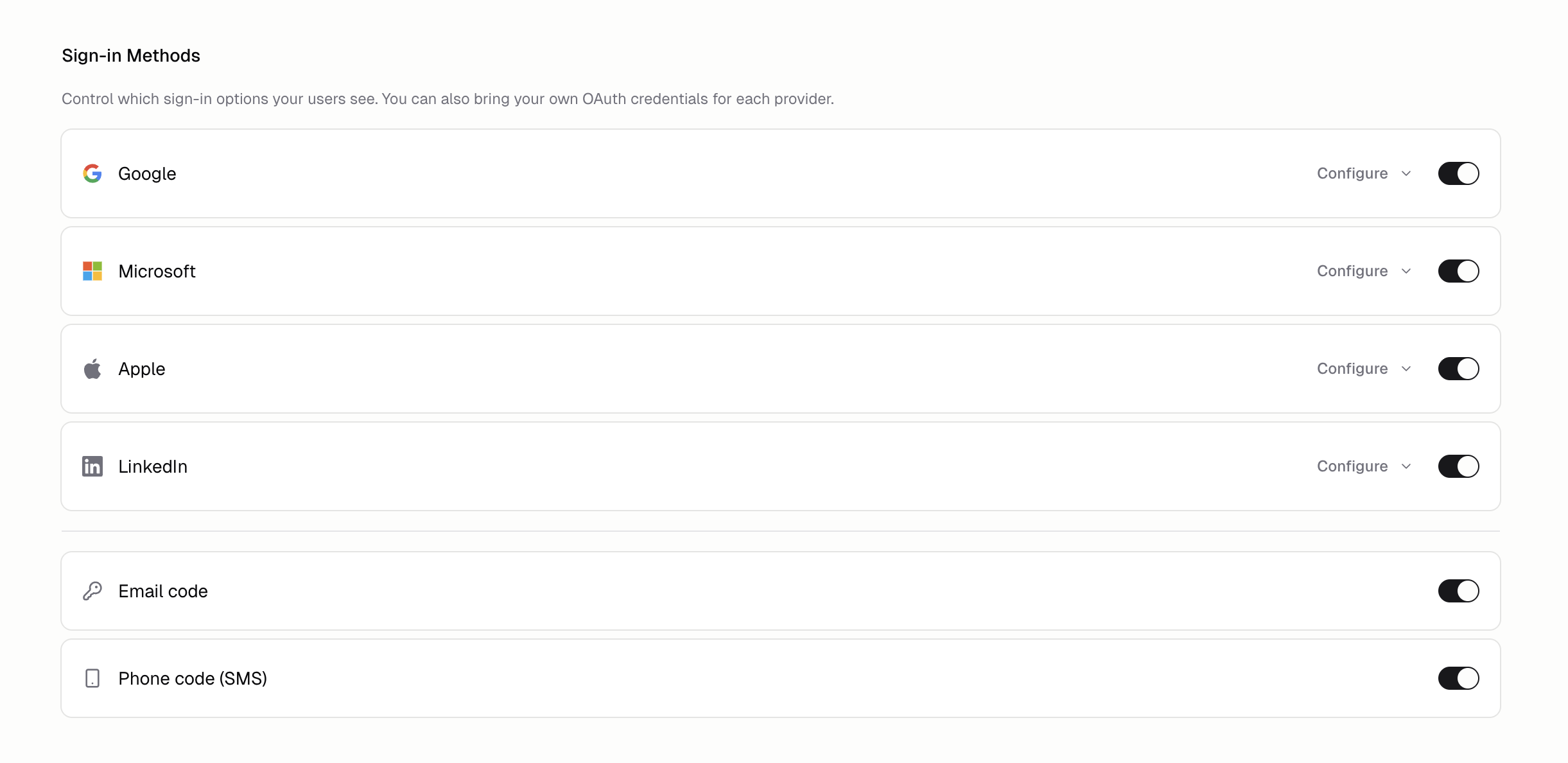 Sign-in methods settings with toggles for Google, Microsoft, Apple, LinkedIn, and email OTP providers