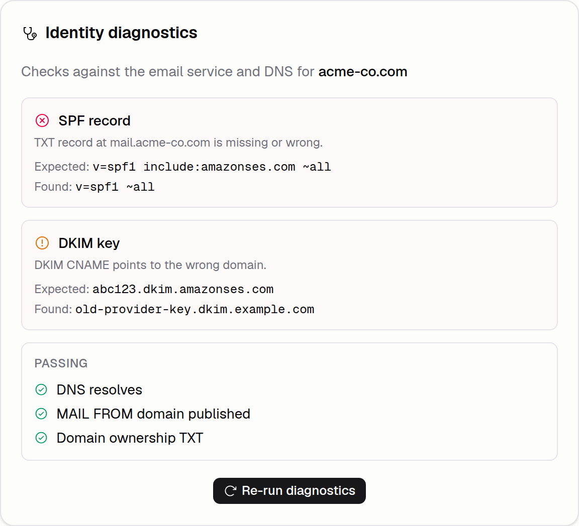 Email identity diagnostics panel with an SPF fail, DKIM warning, expected vs found values, passing checks, and a re-run button