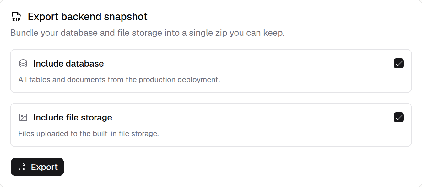 Export backend snapshot card with Include database and Include file storage toggles
