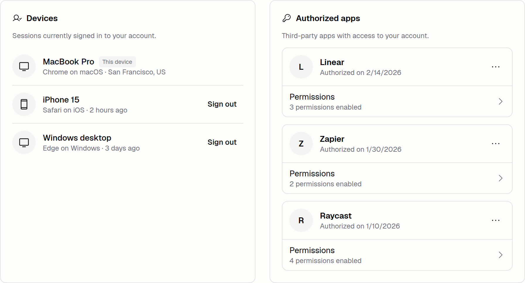 Side-by-side Devices and Authorized OAuth apps cards with revoke controls