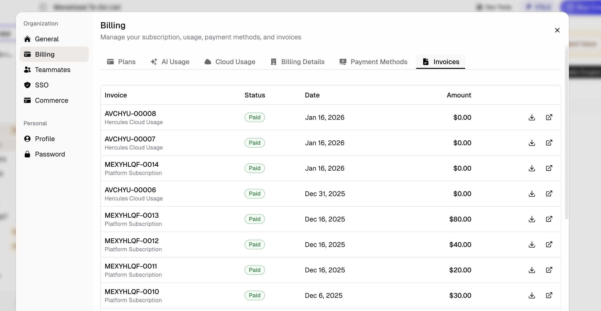 Invoices tab in the billing portal listing past invoices with amount, date, and status for each