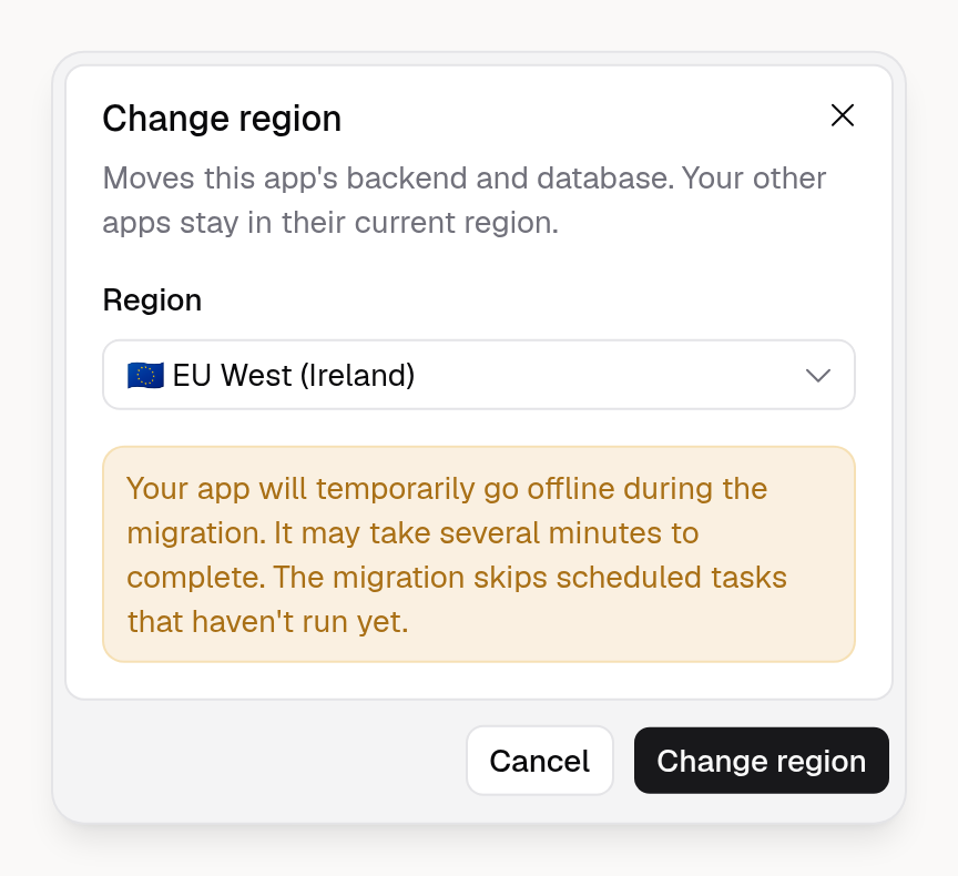 Change region dialog with EU West (Ireland) selected and a note that the App is offline during the move