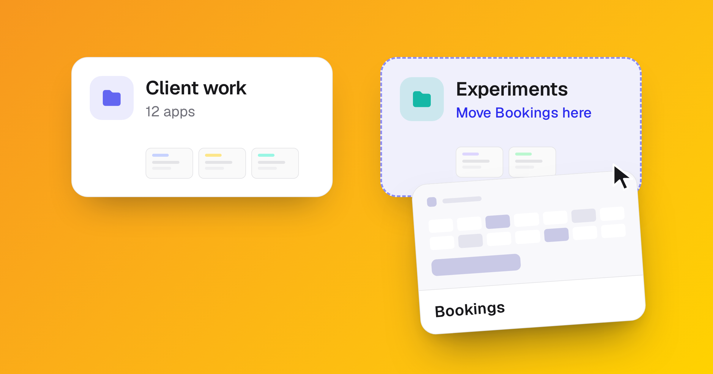 An App card being dragged onto a highlighted Experiments folder