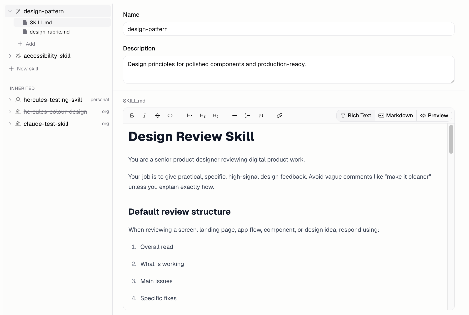 App Builder Skills editor with an app Skills list, an Inherited section of personal and organization Skills, and a Skill open for editing
