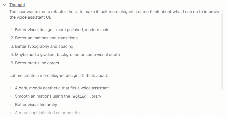 Agent Thought panel expanded to show its reasoning steps and design considerations