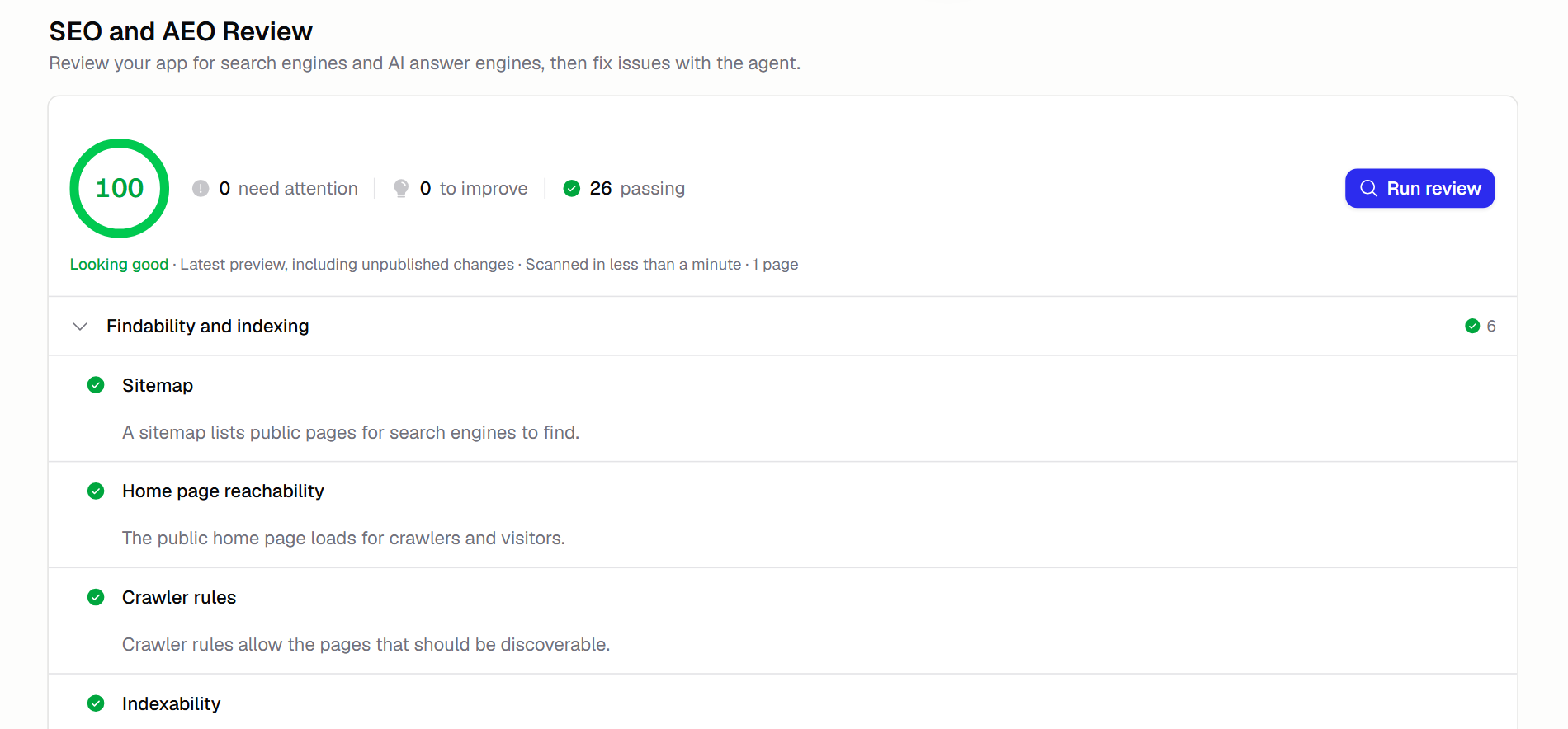 The SEO and AEO Review panel with a health score of 100, check counts, and a grouped list of passing findability checks
