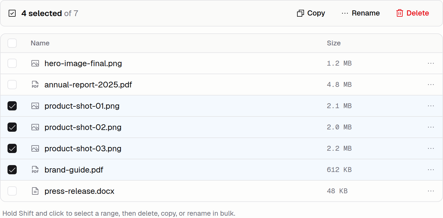 Files table with a bulk-selection bar above four highlighted rows and copy, rename, and delete actions