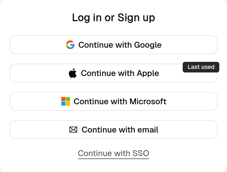 Login card showing Google, Apple marked Last used, Microsoft, email, and SSO sign-in options