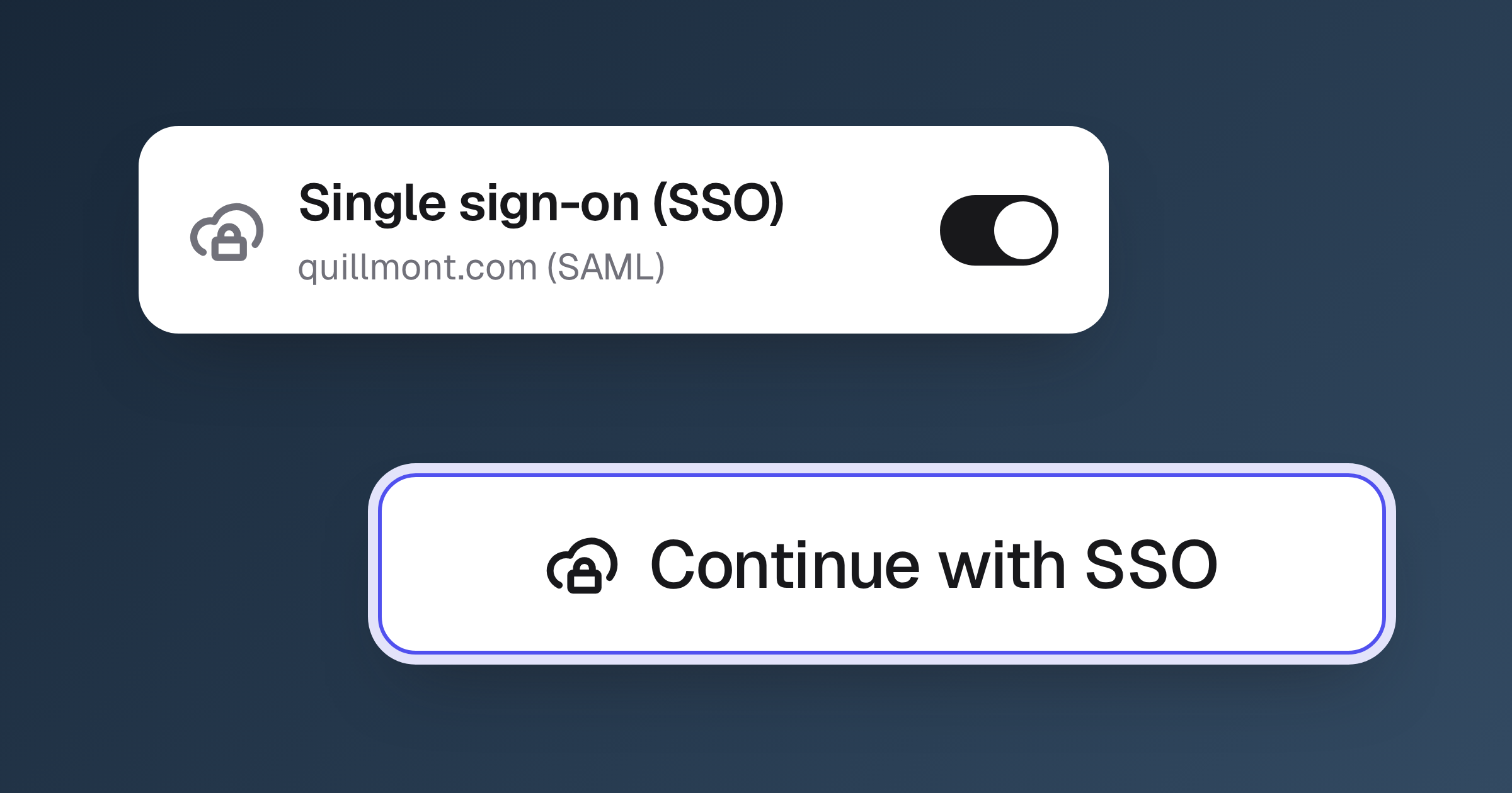 A Single sign-on (SSO) row for quillmont.com (SAML) turned on, above a large Continue with SSO button