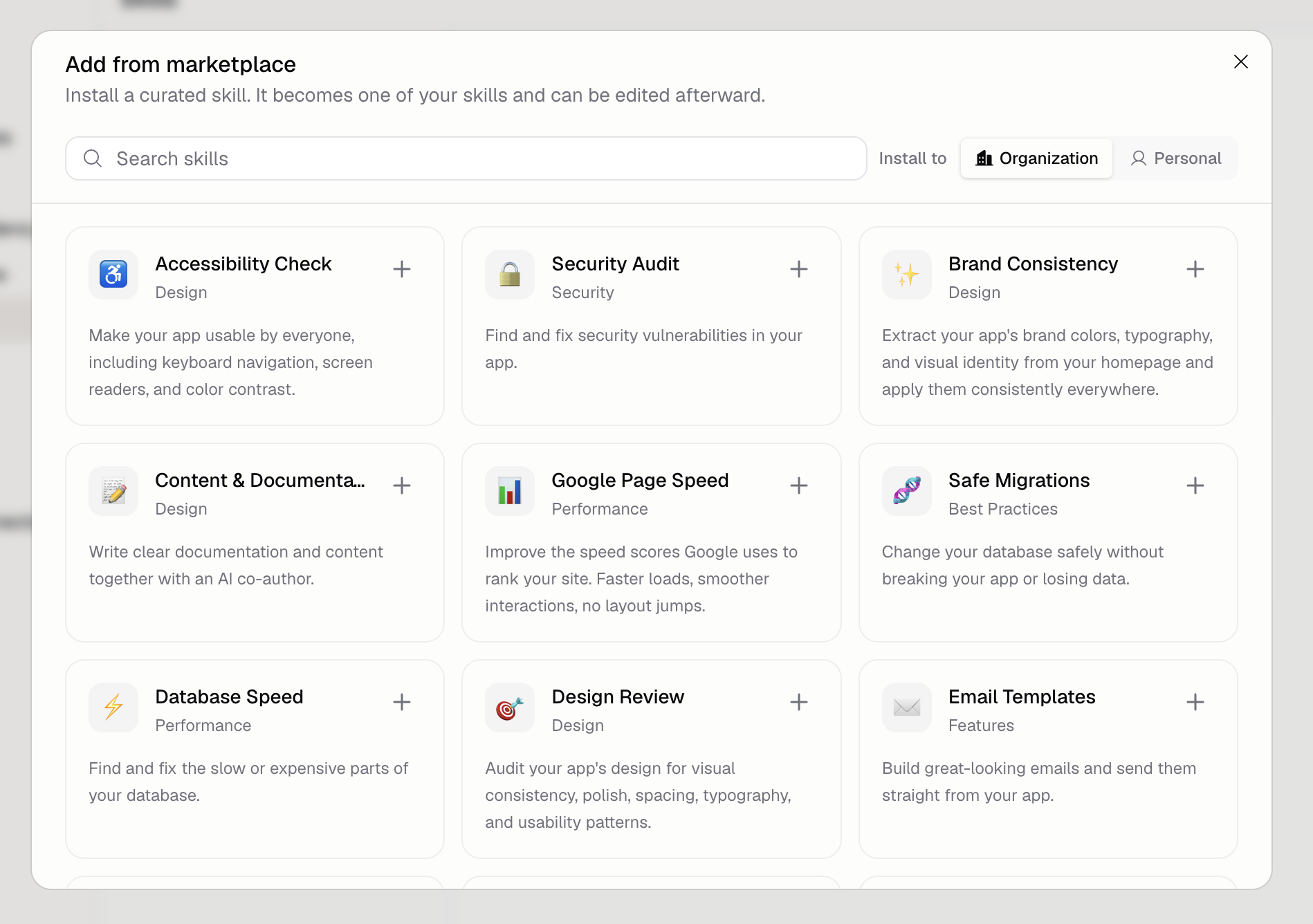 Add from marketplace dialog with a grid of curated Skill cards for accessibility, security, and design, each with an add button